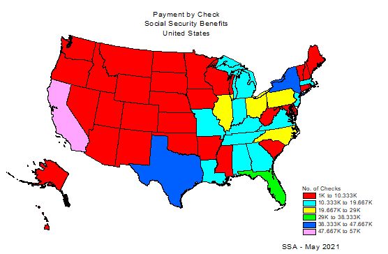 US Map showing number of payments by check in each state